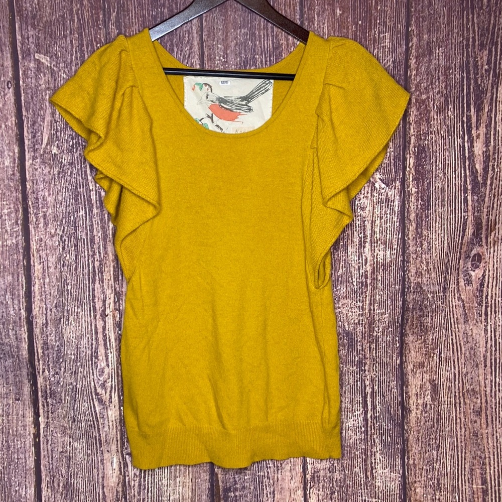 ANTHROPOLOGIE ROBIN mustard yellow sweater size medium flutter sleeve boho soft